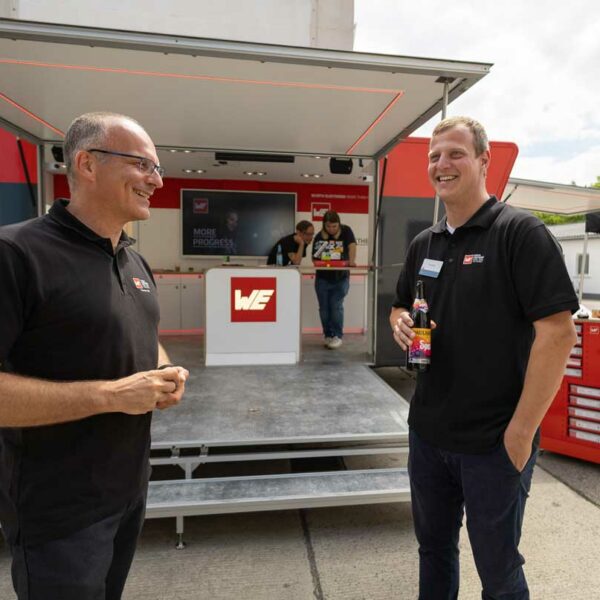 The Würth Elektronik show truck in front of the MotionLab.Berlin coworking space and makerspace in Berlin Alt-Treptow.