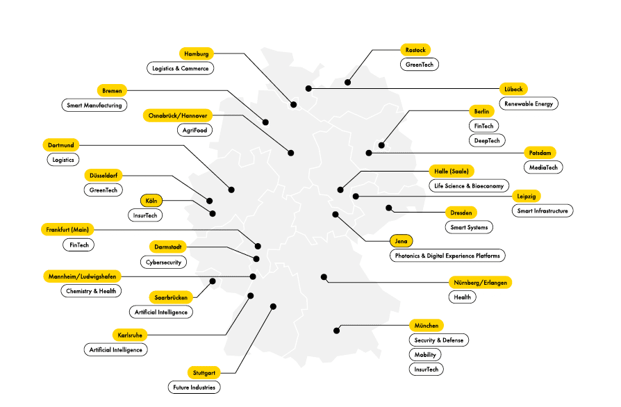 A map of all 25 innovation hubs of the de:hub initiative