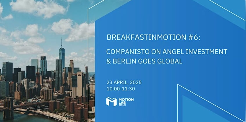 Startup founders discussing angel investing and global growth at MotionLab.Berlin community breakfast
