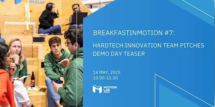 Startup founders delivering 3-minute pitch previews at MotionLab.Berlin breakfast event